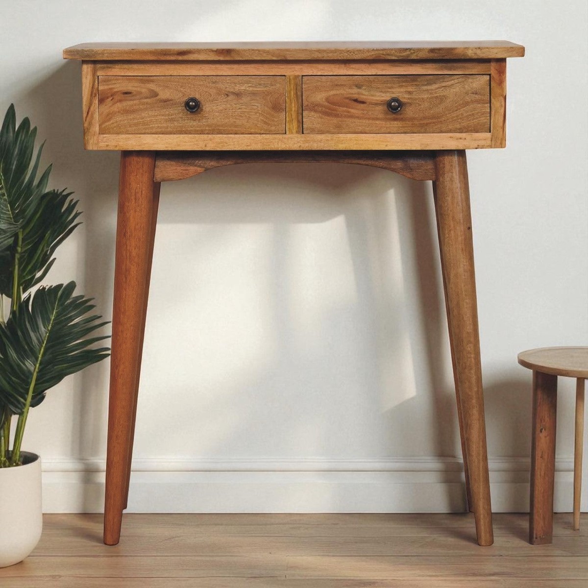 Solid Wood Console Table, Mini Hallway 2 Drawers, Brown