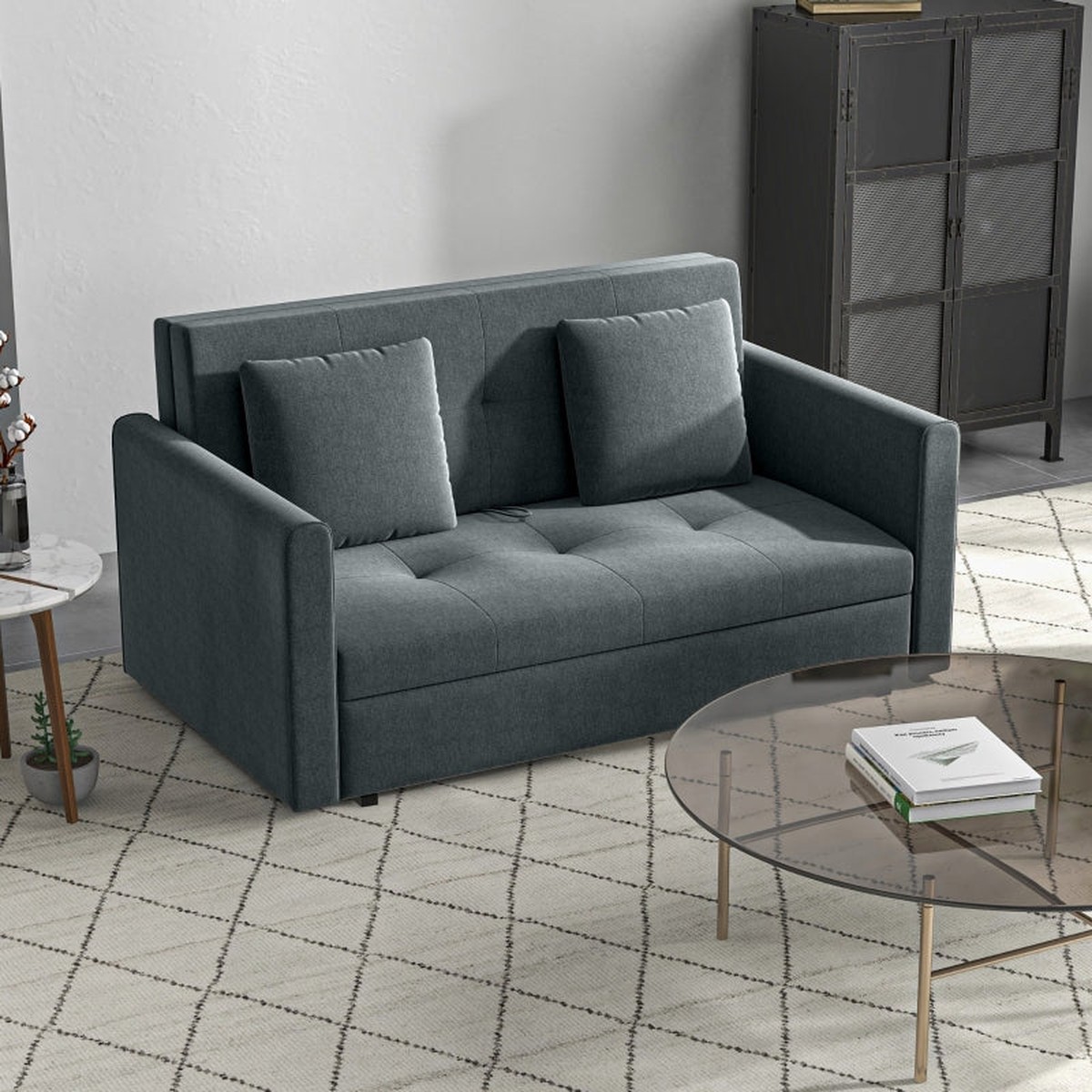 2 Seater Sofa Bed, Convertible Settee with Hidden Storage, Dark Grey Velvet