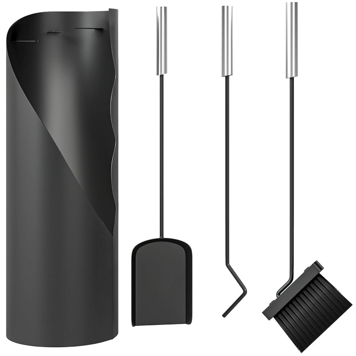 4 Pieces Fireplace Tools Set, Companion Set with Broom Shovel Poker and Bucket, Metal Silver