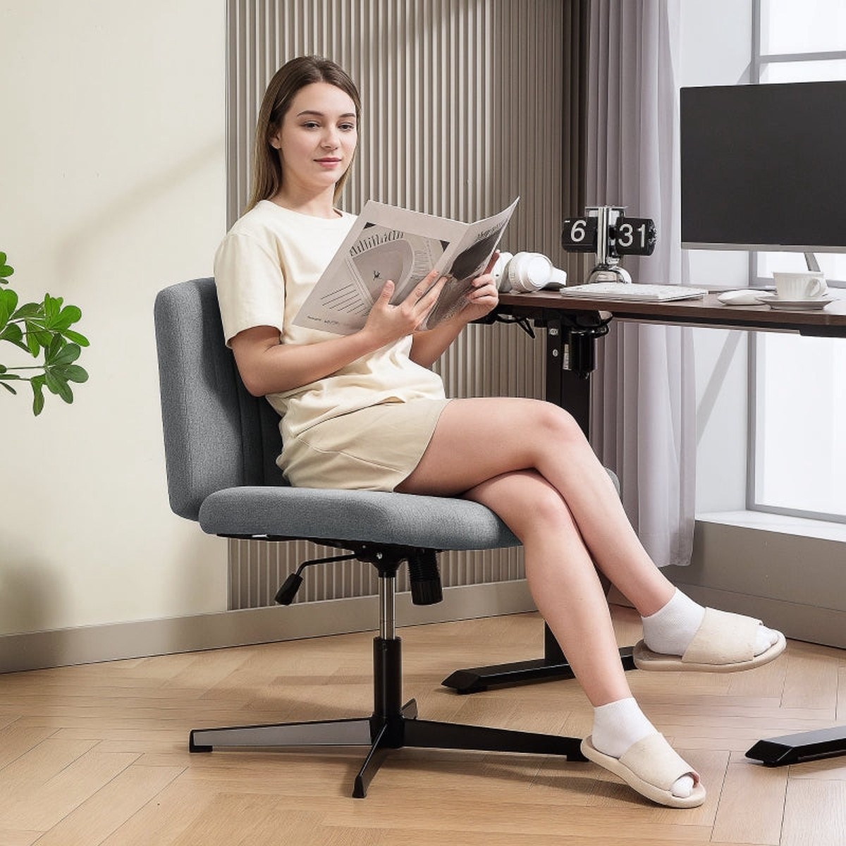 Armless Office Chair, Wide Seat Height Adjustable Swivel Desk Chair, Grey Linen Fabric