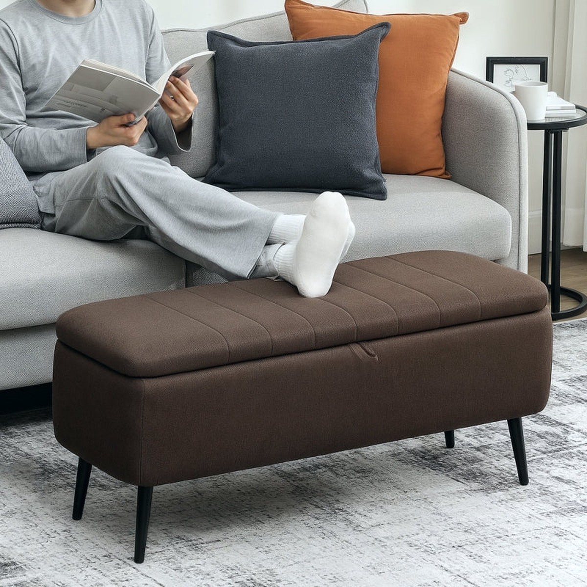 Storage Ottoman 92 x 31cm Dark Brown Linen-Look