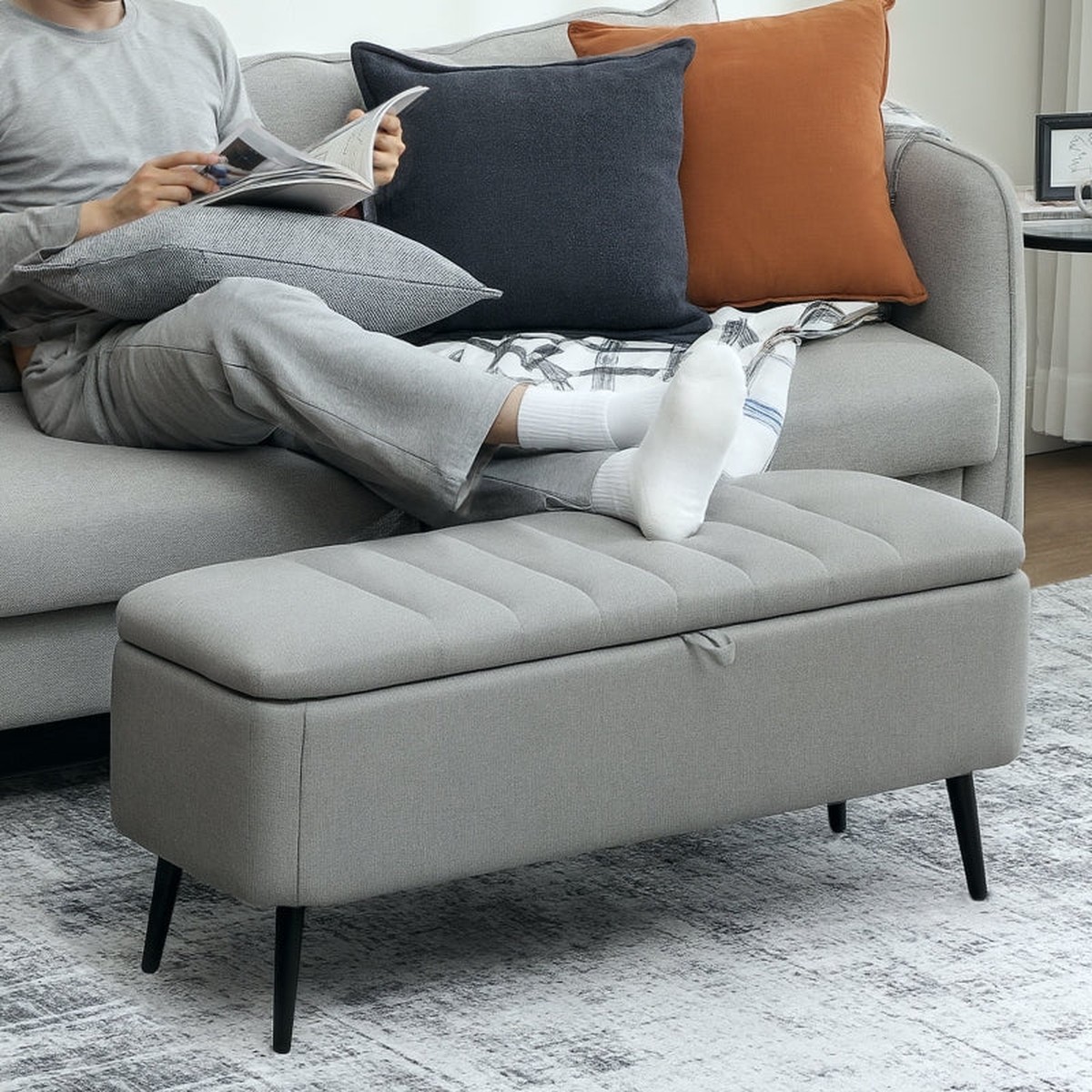 Storage Ottoman Bench 92 x 31cm Linen-Look Light Grey