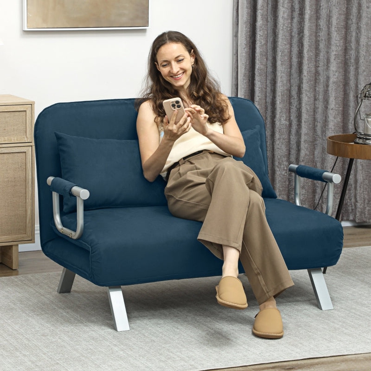 Two-Seater Click-Clack Sofa Bed, Convertible Sleeper Couch, Navy Blue