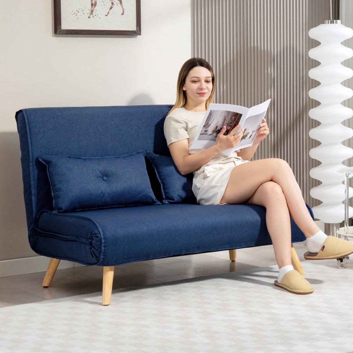 Two-Seater Sofa Bed, Linen-Look, Dark Blue