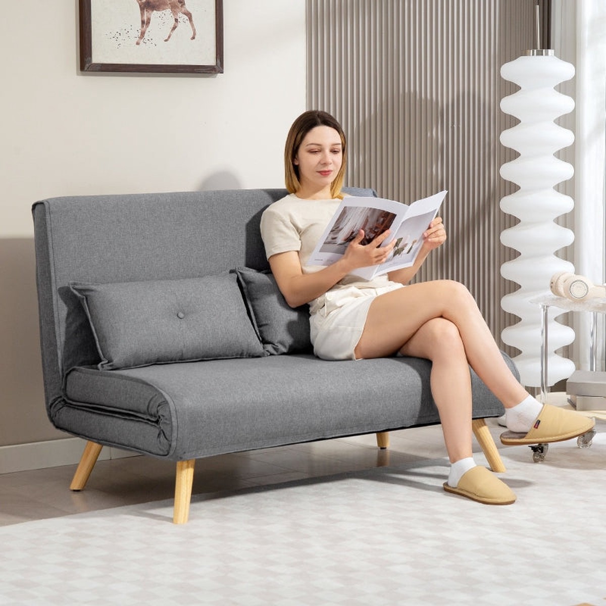 Two-Seater Sofa Bed, Linen-Look, Grey