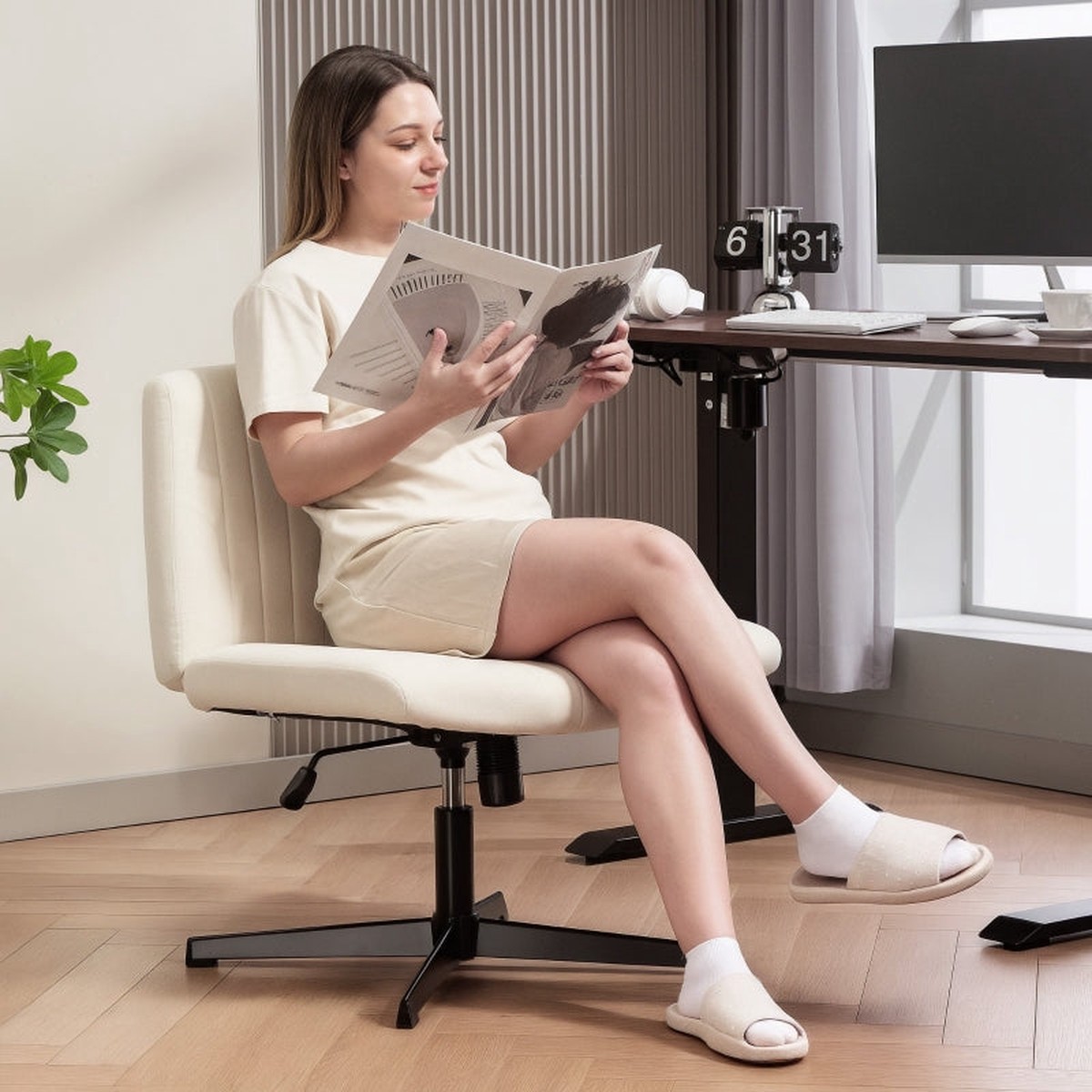 Armless Office Chair, Criss Cross Leg, Wide Seat, Height Adjustable Swivel, Linen Fabric, Cream