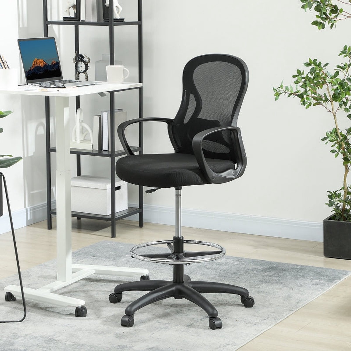 Drafting Chair Adjustable Footrest Ergonomic Lumbar Support Adjustable Height Mesh, Black