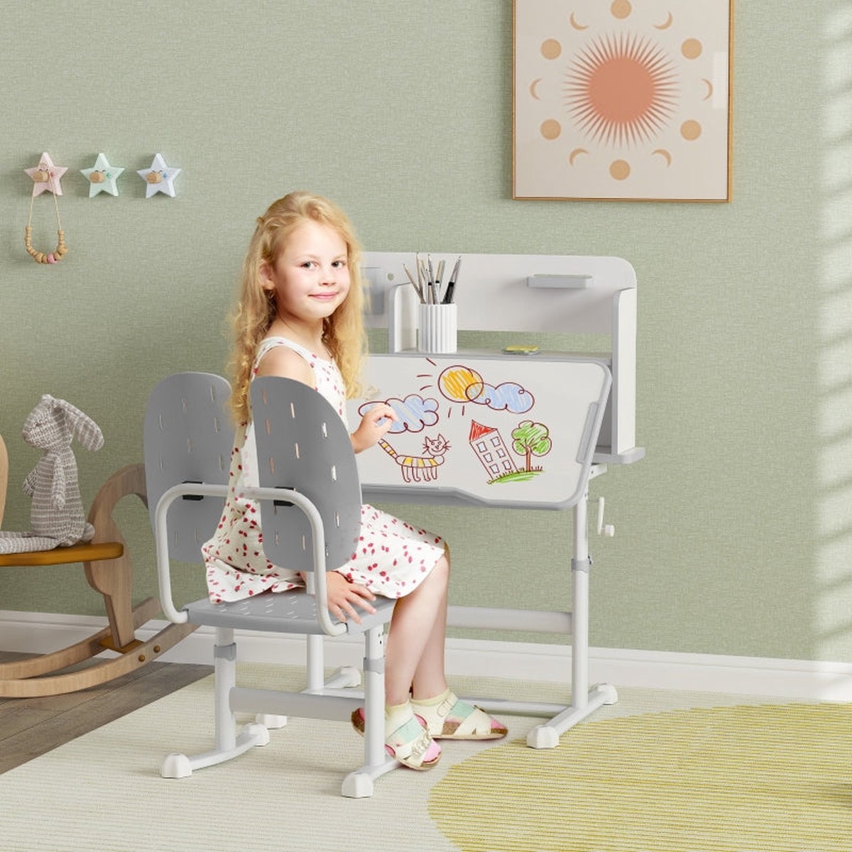 Kids Desk and Chair Set, Height Adjustable Study Desk with Tiltable Desktop and Reading Rack, Grey