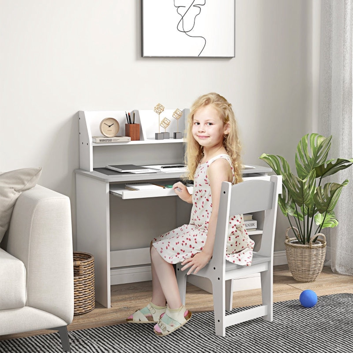 Kids Desk and Chair Set, Two-Piece with Storage, Grey