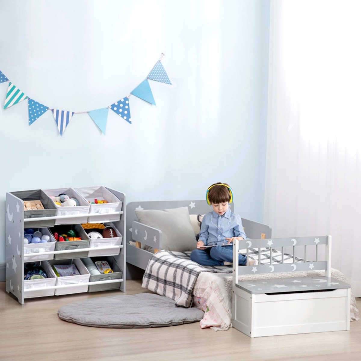 Kids Storage Rack, Nine Removable Baskets for Nursery Playroom - Grey