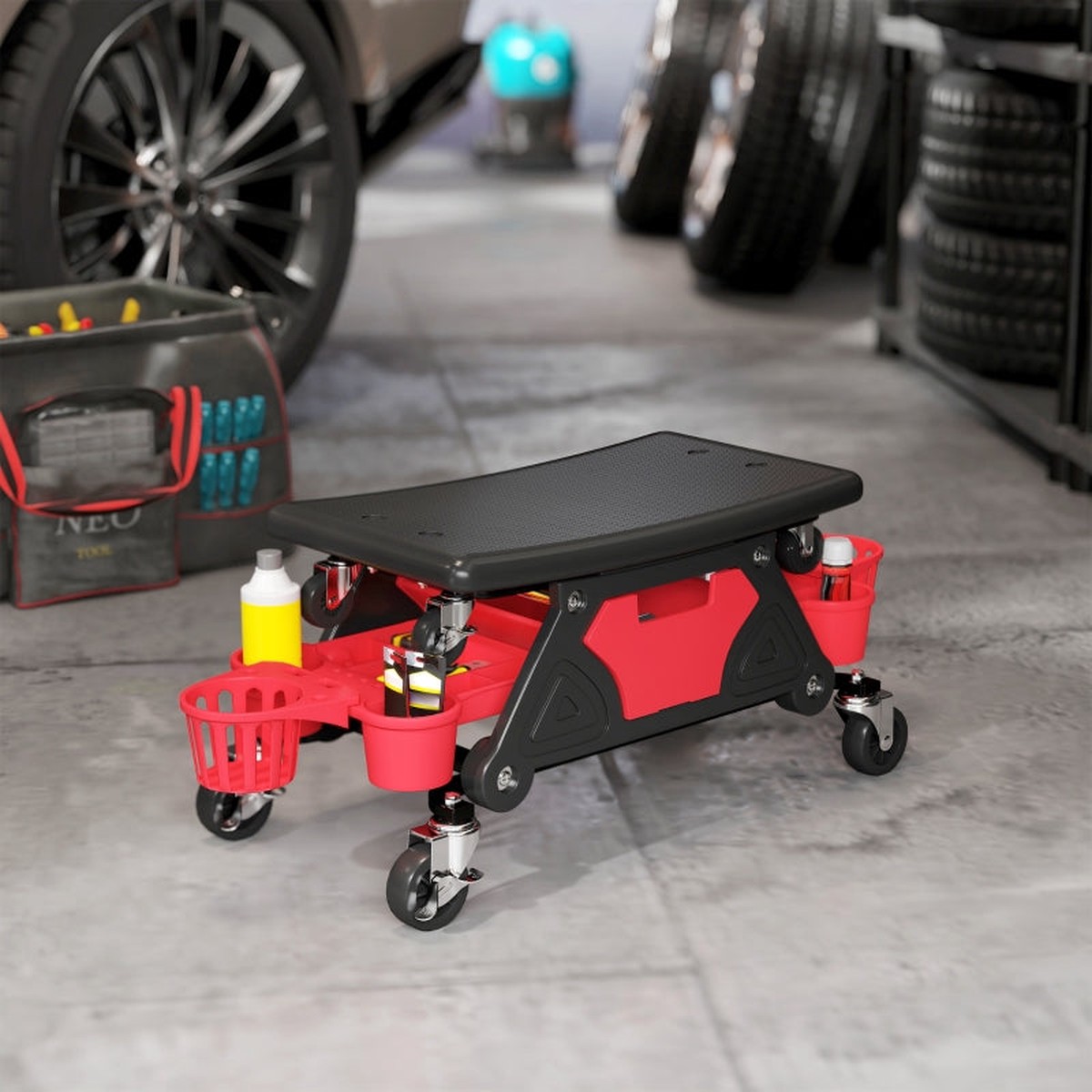 Rolling Mechanic Stool, 135kg Capacity Swivel Wheels Tool Trays Drawer, Red
