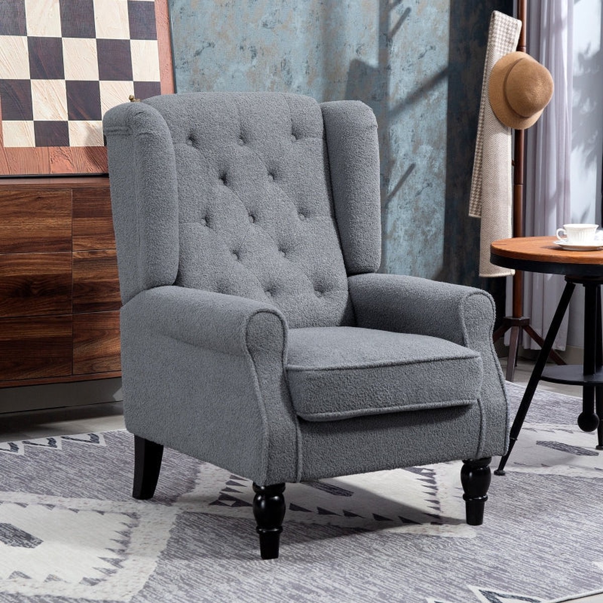 Wingback Accent Chair, Retro Upholstered Button Tufted Occasional, Grey