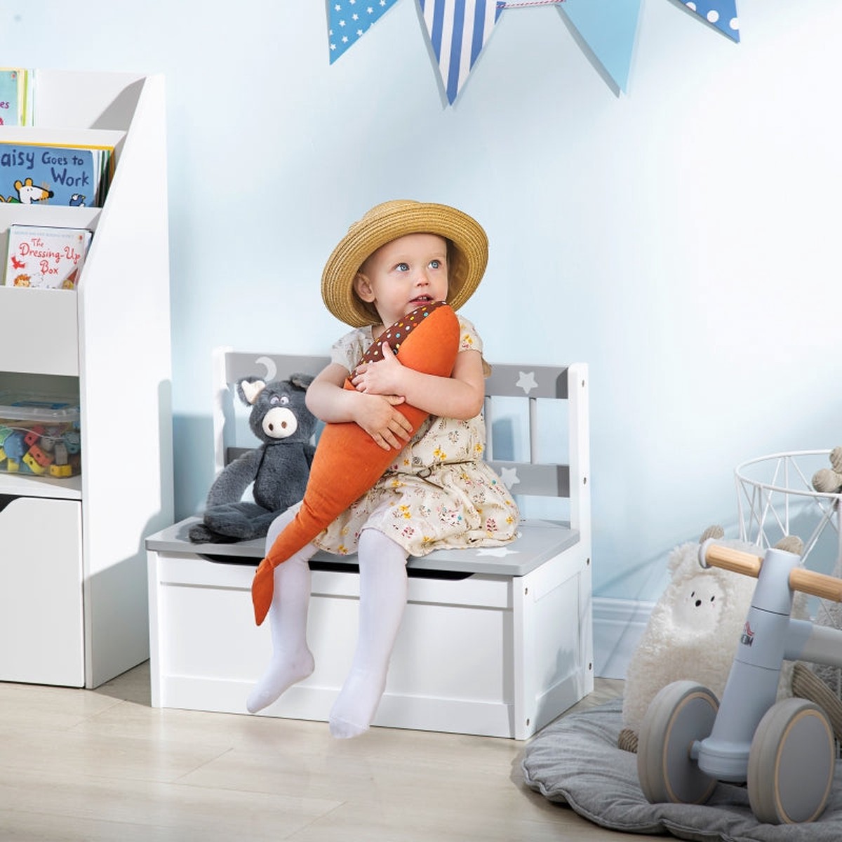 2 In 1 Kids Storage Bench Toy Box Safety Rod Grey