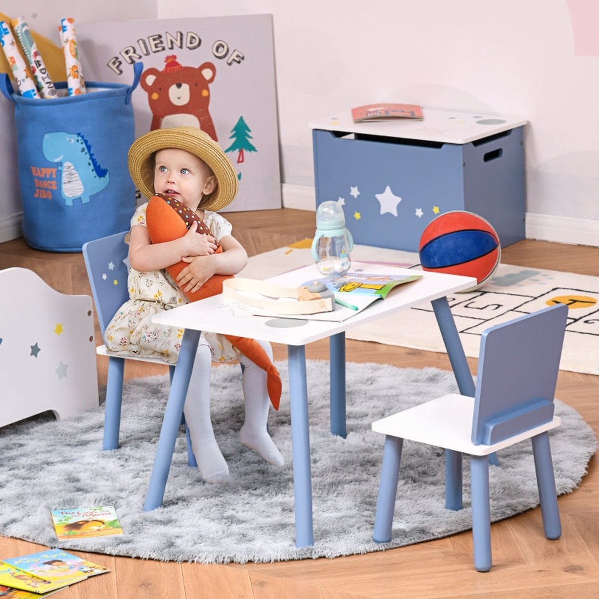 3 Pcs Kids Table & Chairs Set, Wood Legs Safe Corners Cute Stars Seating, Blue