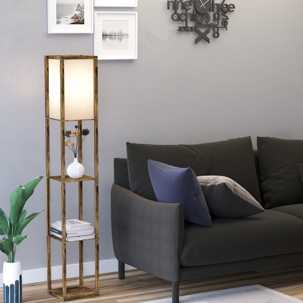 Floor Lamp with Shelves, 26x26x160cm, Wood