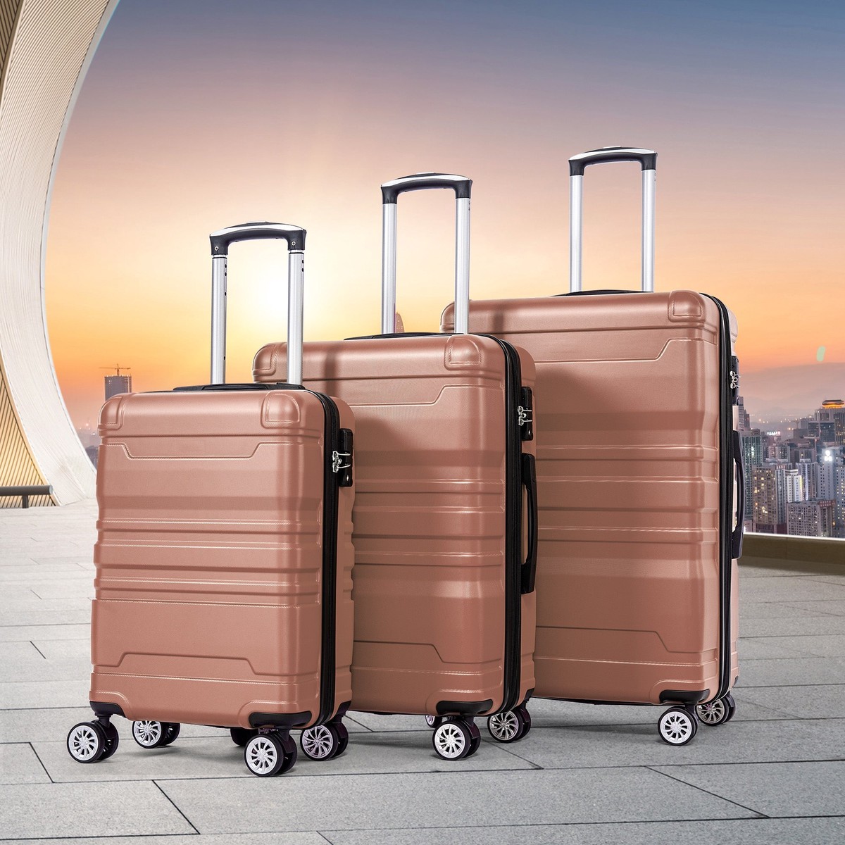 Hard-shell Carry-on Luggage, TSA Lock Universal Wheel Expandable 3-Piece Set, Rose Gold