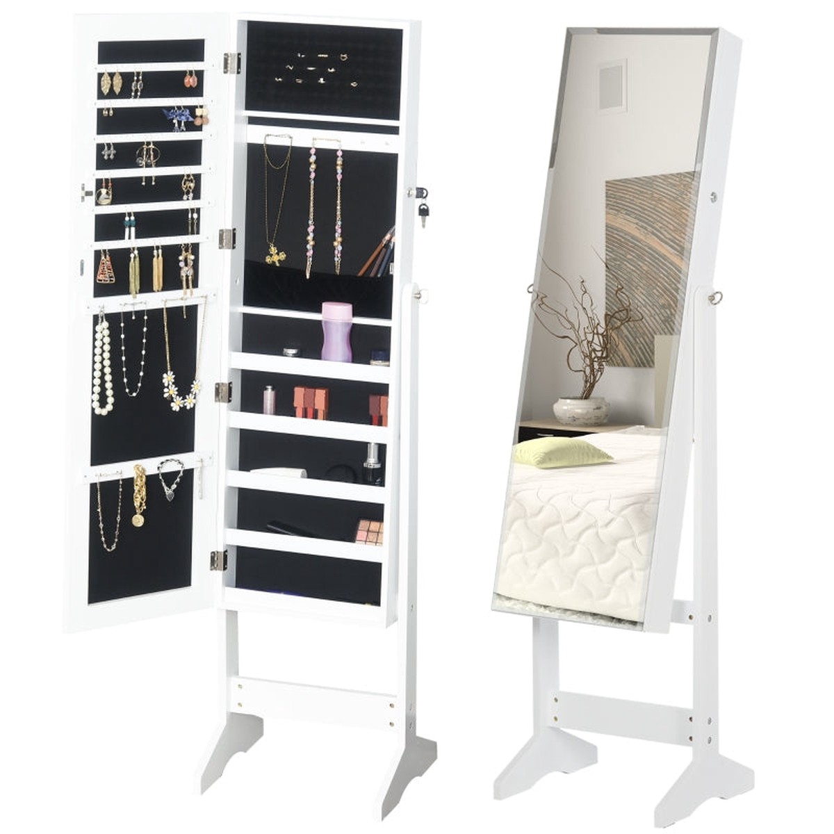 Jewelry Cabinet Standing Mirror Full Length Lockable Storage Armoire White