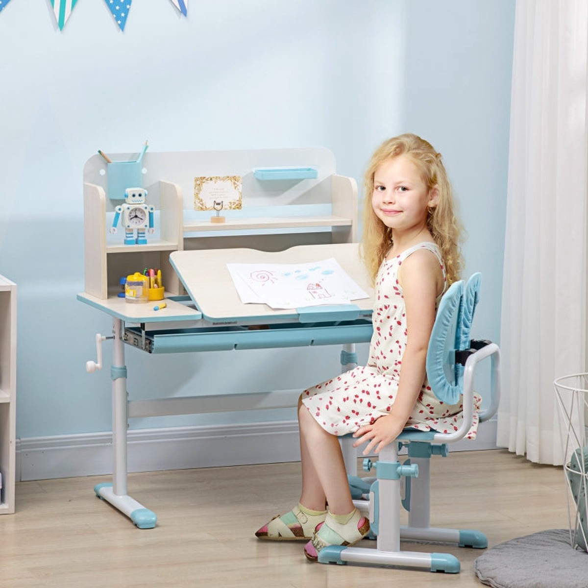 Kids Desk and Chair Set, Adjustable Storage Washable Cover - Blue