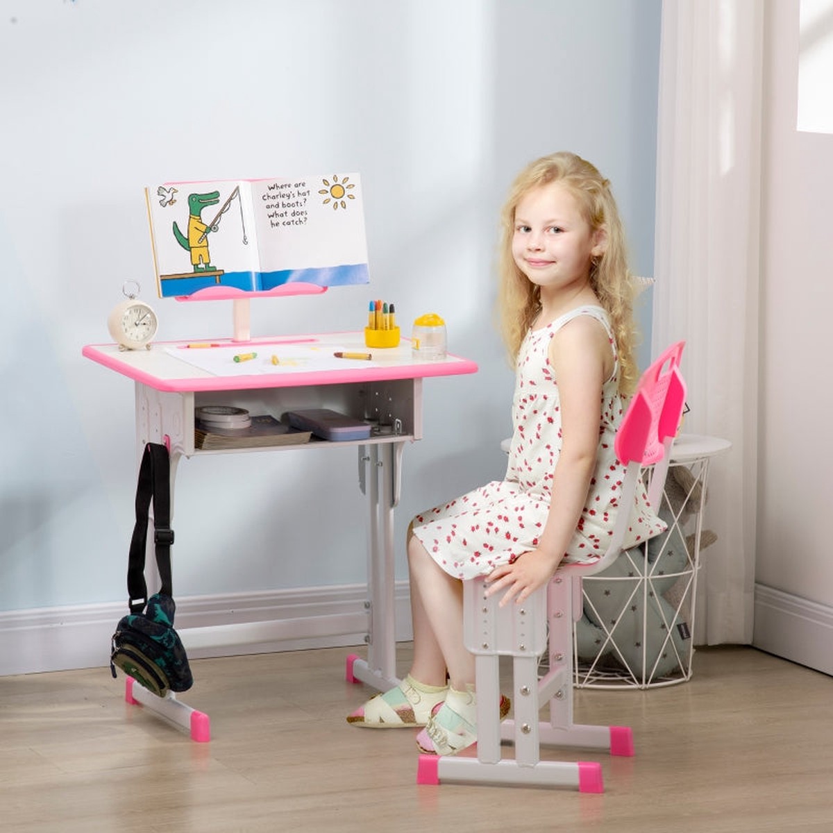 Kids Desk and Chair Set, Adjustable with Book Stand and Pen Slot - Pink