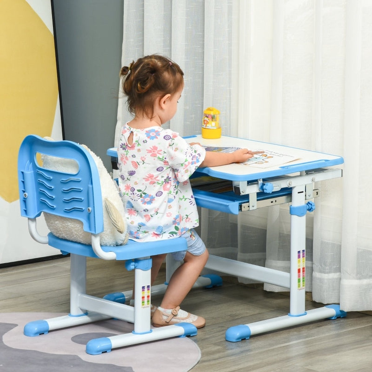 Kids Desk and Chair Set, Height Adjustable Tiltable Desktop, Blue
