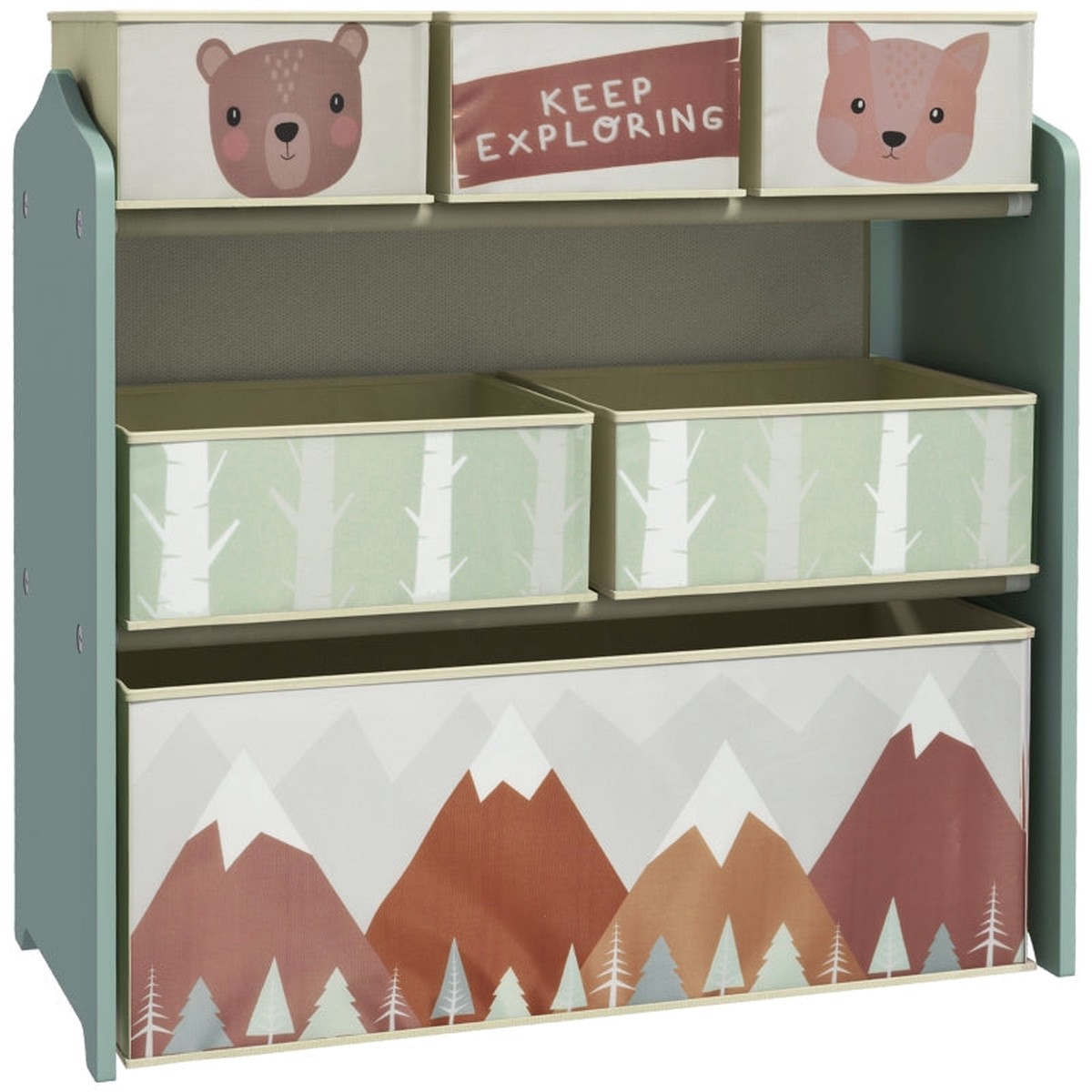 Kids Storage Unit Toy Organiser with Six Fabric Bins - Green