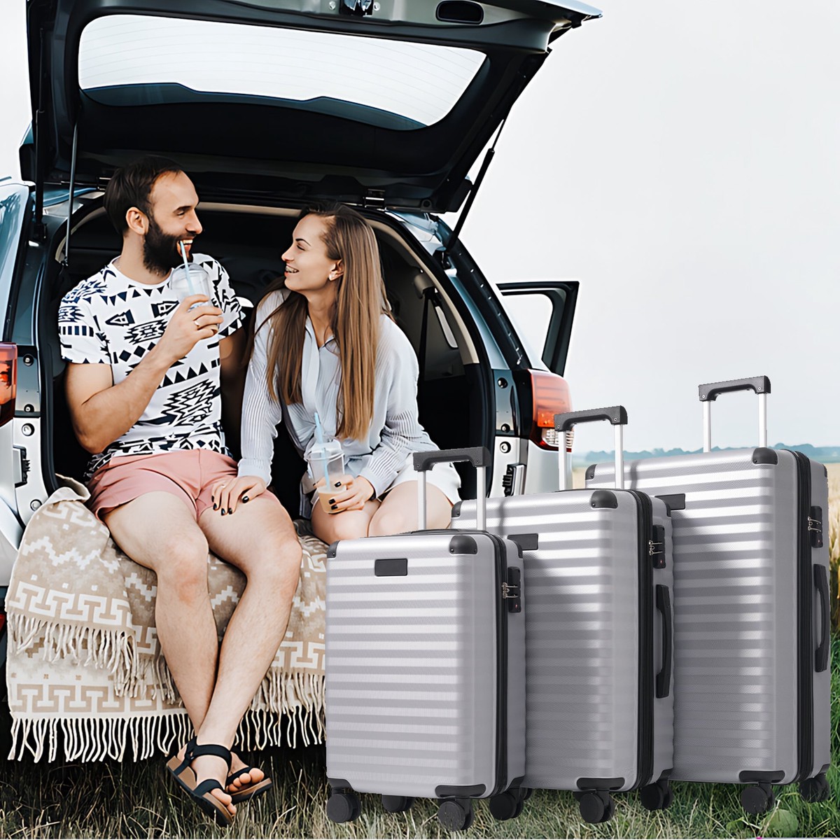 M&L&XL 3-Piece Suitcase Set - Expandable, Reinforced Corners, Cup Holder, TSA Lock, 360 Rotating Wheels, ABS Hard-Shell
