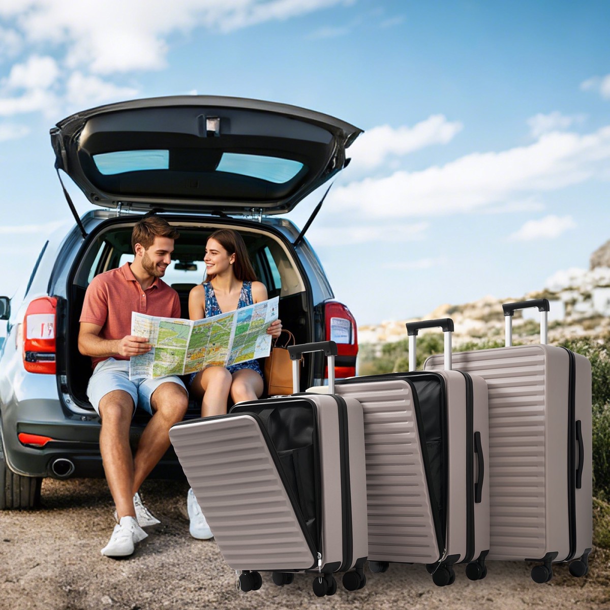 Three-Piece Luggage Set - Front-Opening Design, Cup Holders, TSA Lock, 360 Wheels, ABS