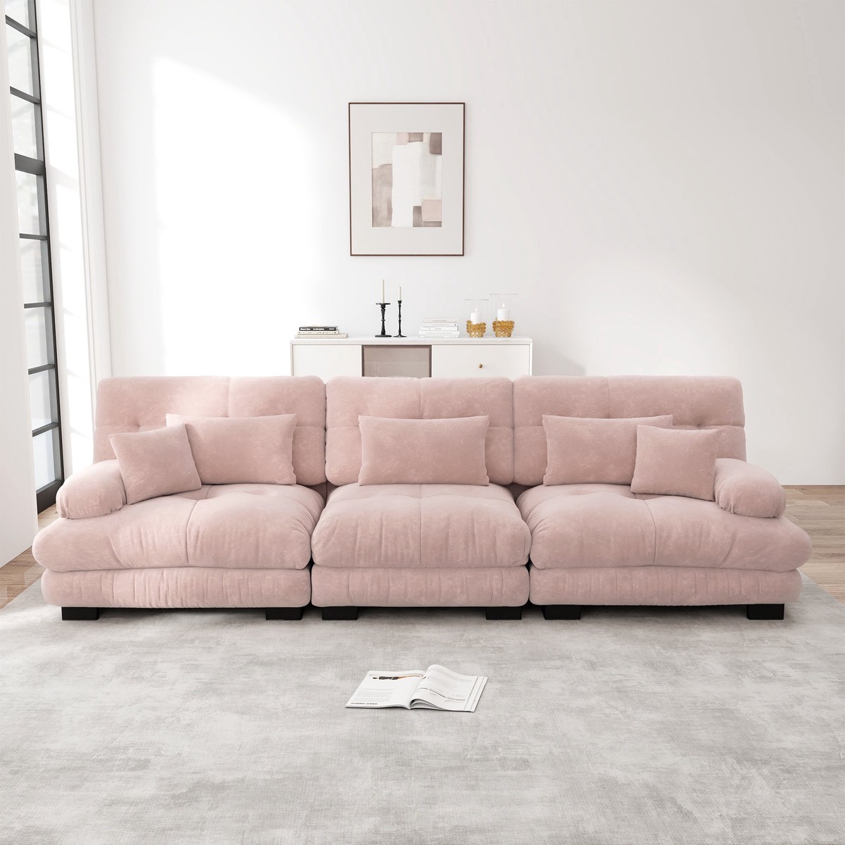 3-Seater Modular Corner Sofa with Deep Seat, Chenille Sleeper Sofa, Comfortably Upholstered for Living Room, Apartment, Studio, Office, Pink Chenille