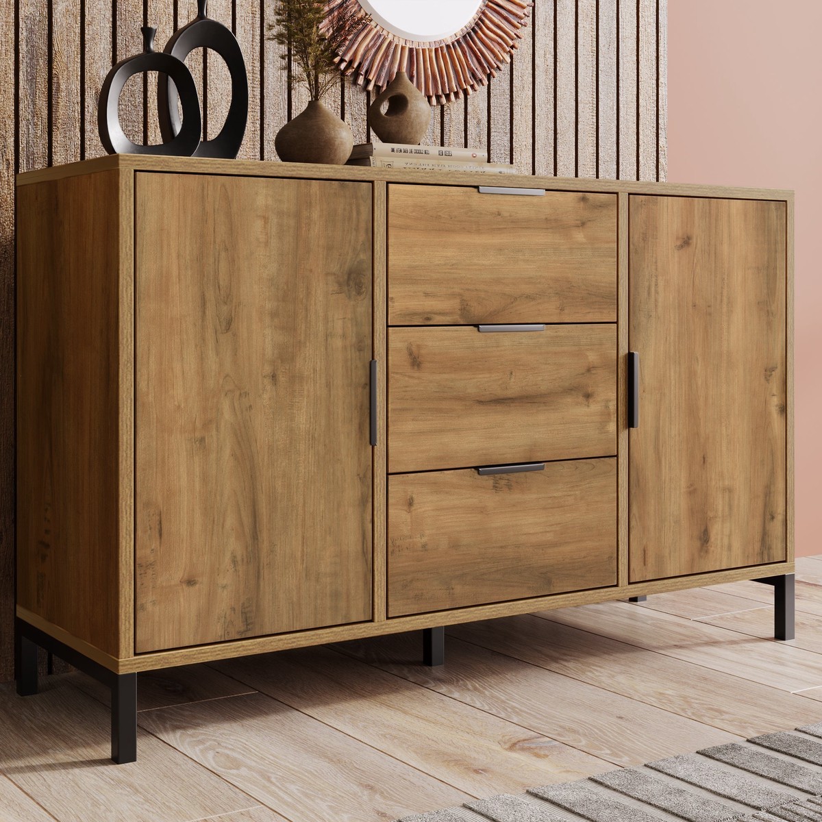 Chest of Drawers, 2 Doors & 3 Drawers, Adjustable Shelf, Dark Oak