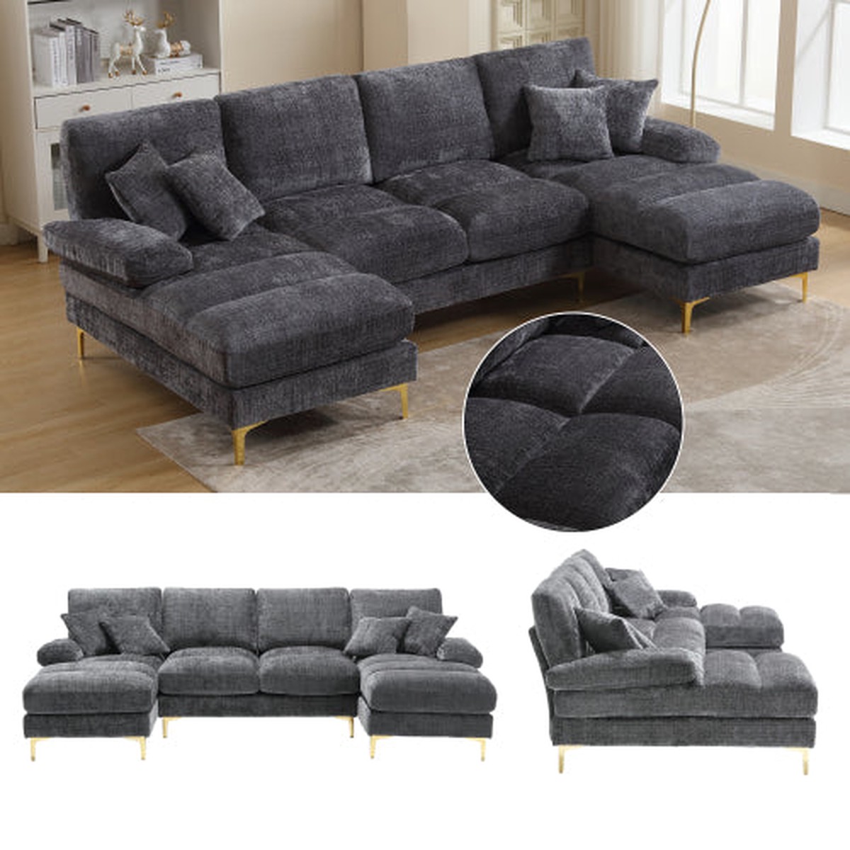 Chenille U-Shape Sectional Sofa, Large with Double Reclining Seats, Modern
