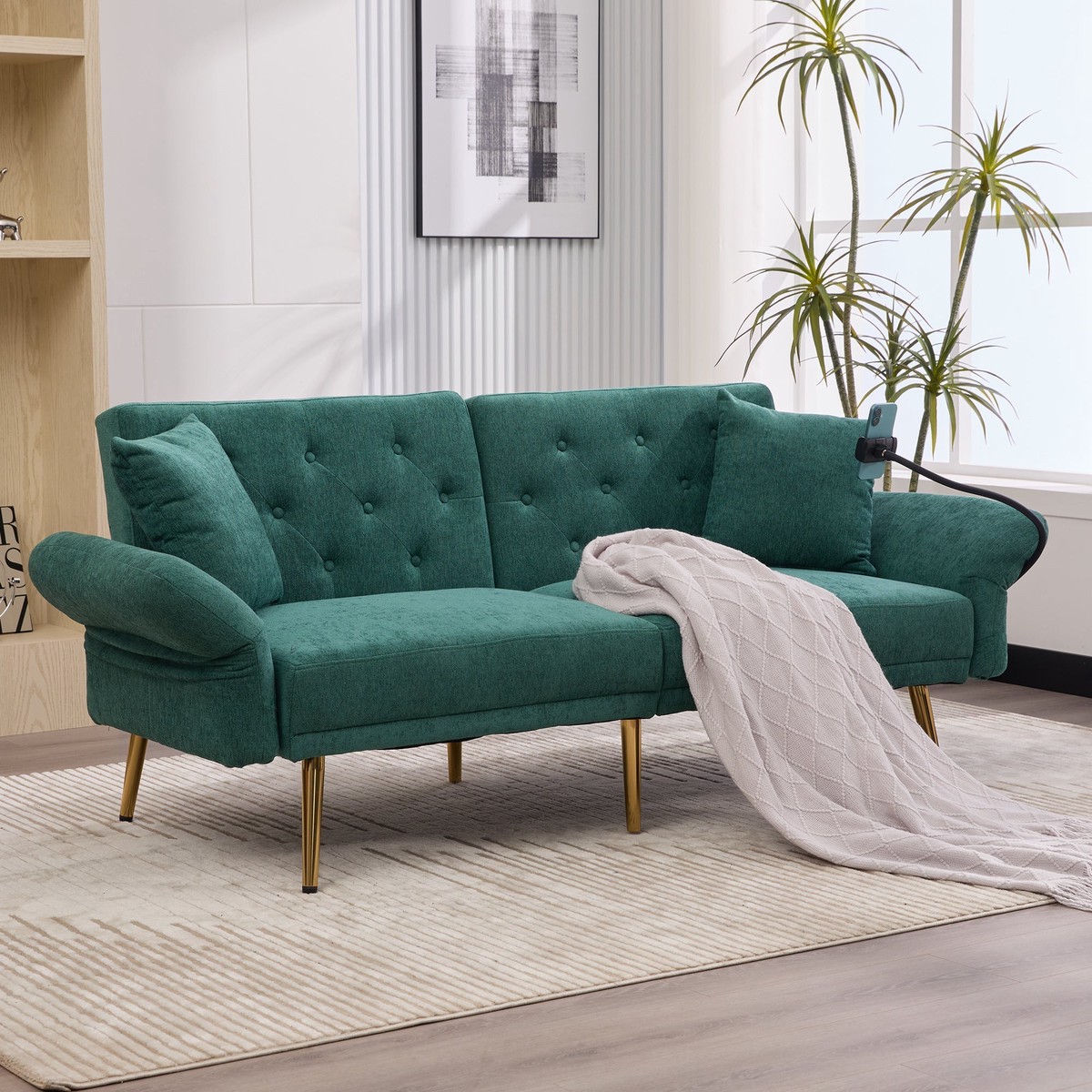 Sofa Bed, Multifunctional Folding with USB & Storage, Metal Legs