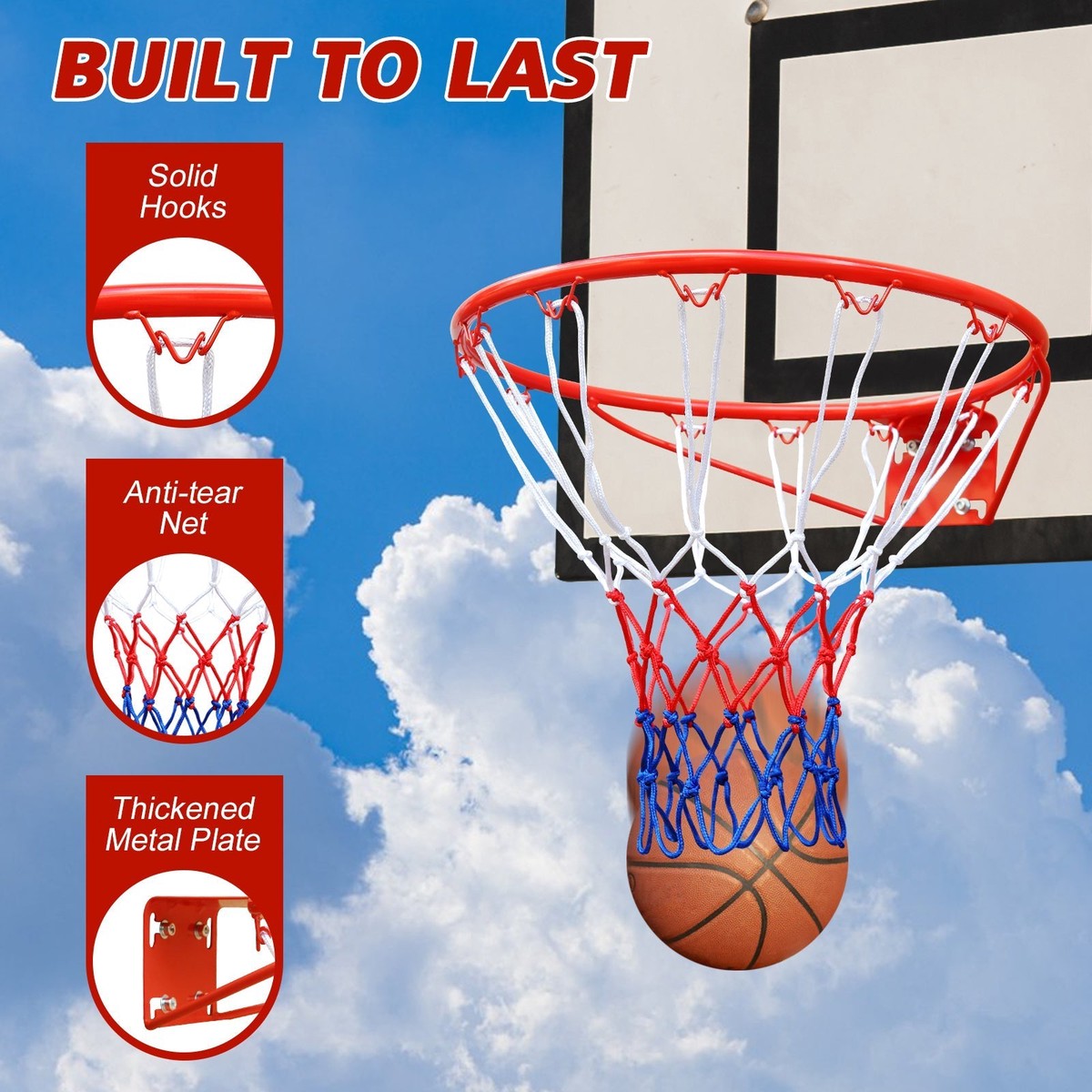 Basketball Rim Replacement, Heavy Duty, Wall/Door Mounted, In-Ground & Wall-Mounted, Red