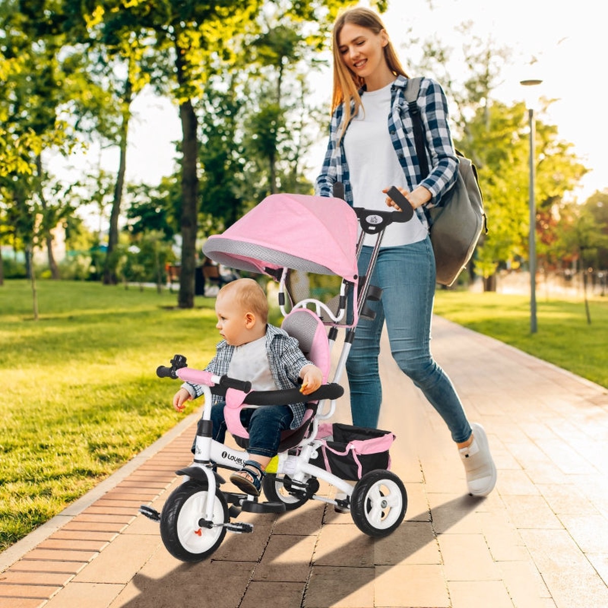 6-in-1 children's tricycle with push bar, canopy, belt, storage basket, for ages 1-5, pink