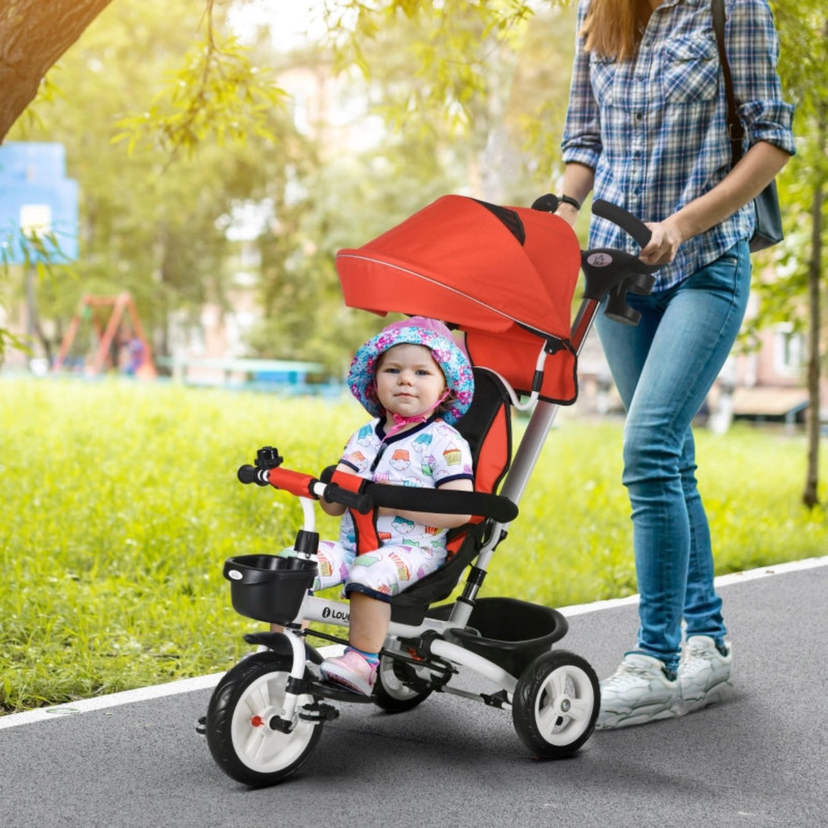 6 in 1 Tricycle with Push Bar, Safety Belt, Foldable, Removable Sunroof, Cup Holder, Basket, Pedal, up to 25 kg, for 1-5 Year Old Children, red