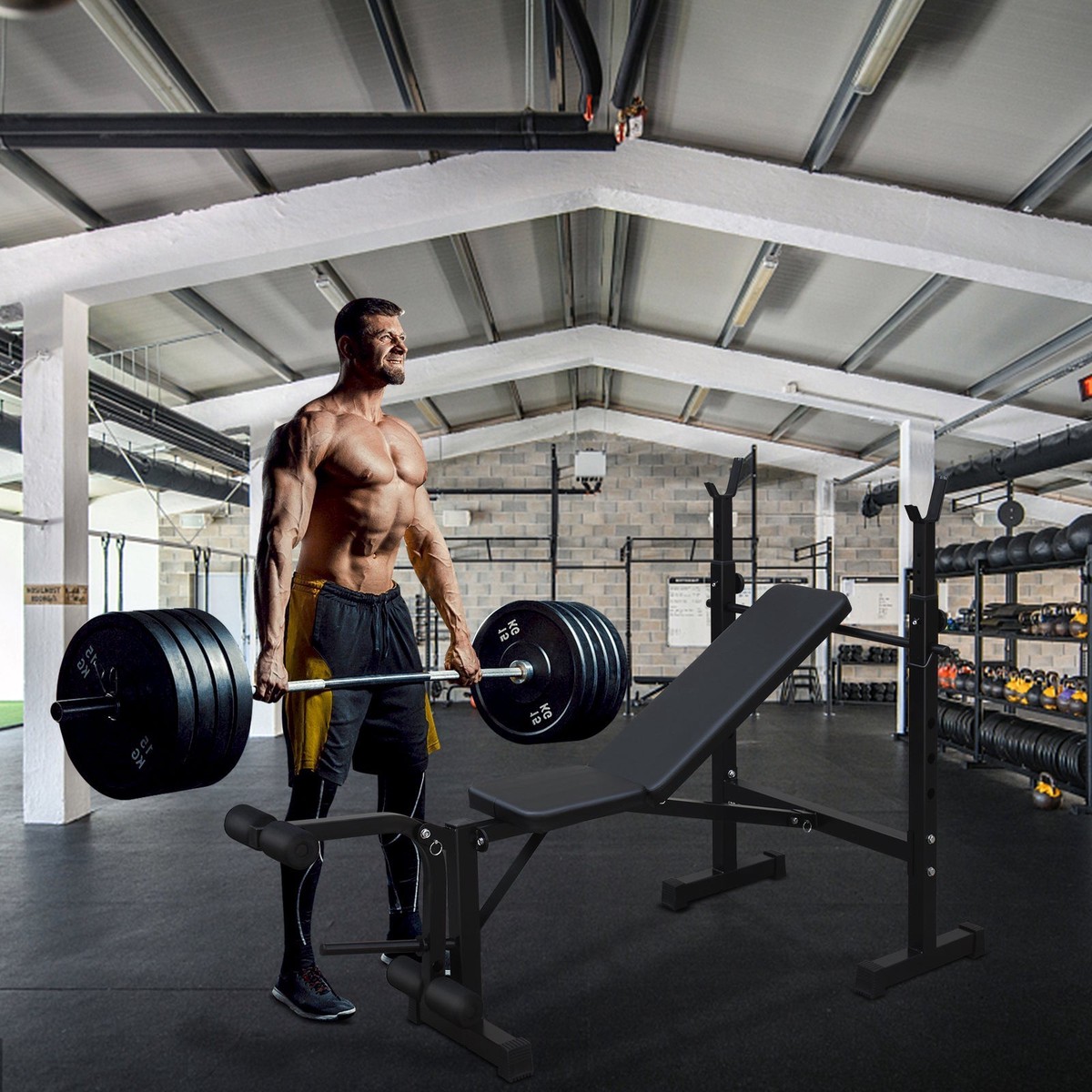 Olympic Weight Bench, Full-Body Workout with Squat Rack & Bench, Home Gym
