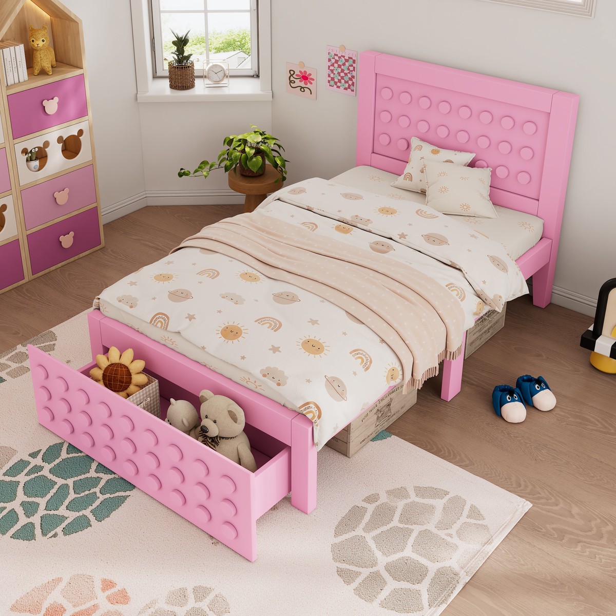 Wooden Single Bed 90x190cm Children's Creative Block Design with Drawers Pink