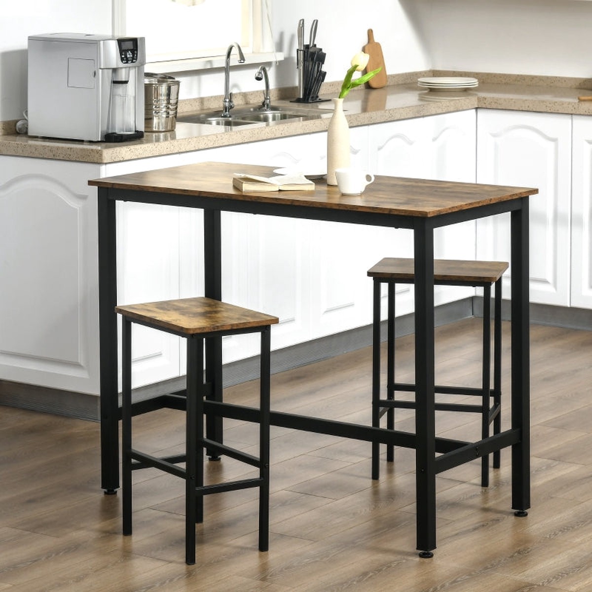 120x60cm Bar Table Set, 3-Piece Counter Height with 2 Stools, Rustic Brown