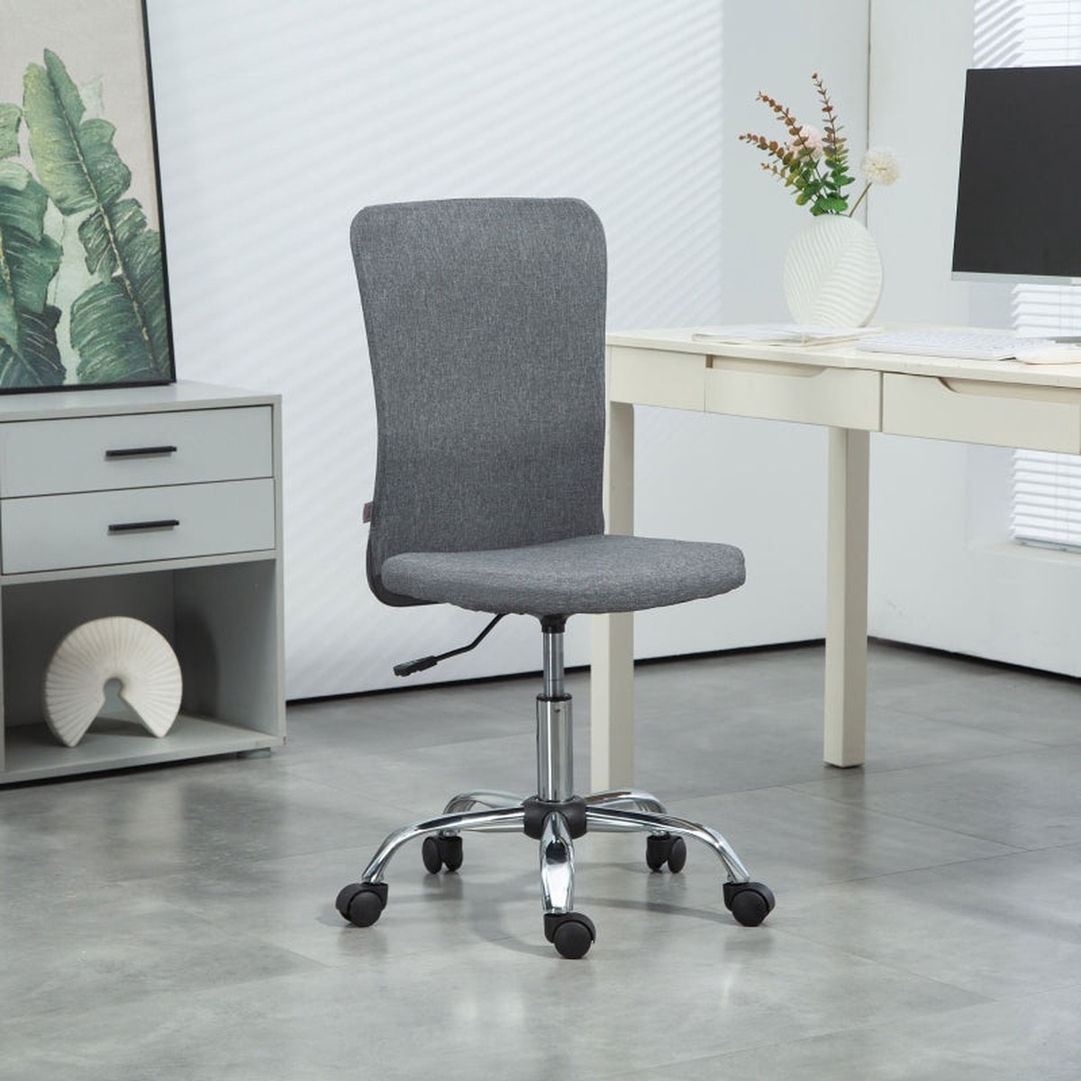 Armless Desk Chair, Swivel Height Adjustable with Wheels, Grey Fabric