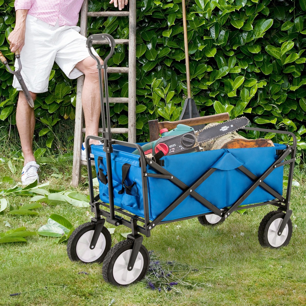 Collapsible Station Wagon Outdoor All Terrain Trolley, Foldable Garden Cart with Mesh Cup Holder and Adjustable Handles, Blue