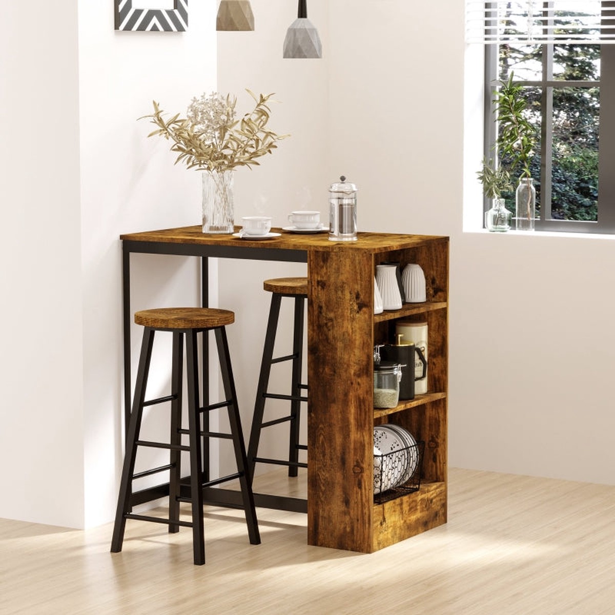 Industrial Bar Table Set for 2, 3 Pieces Pub Table and Bar Stools with Storage Shelf, Black/Brown Wood Effect