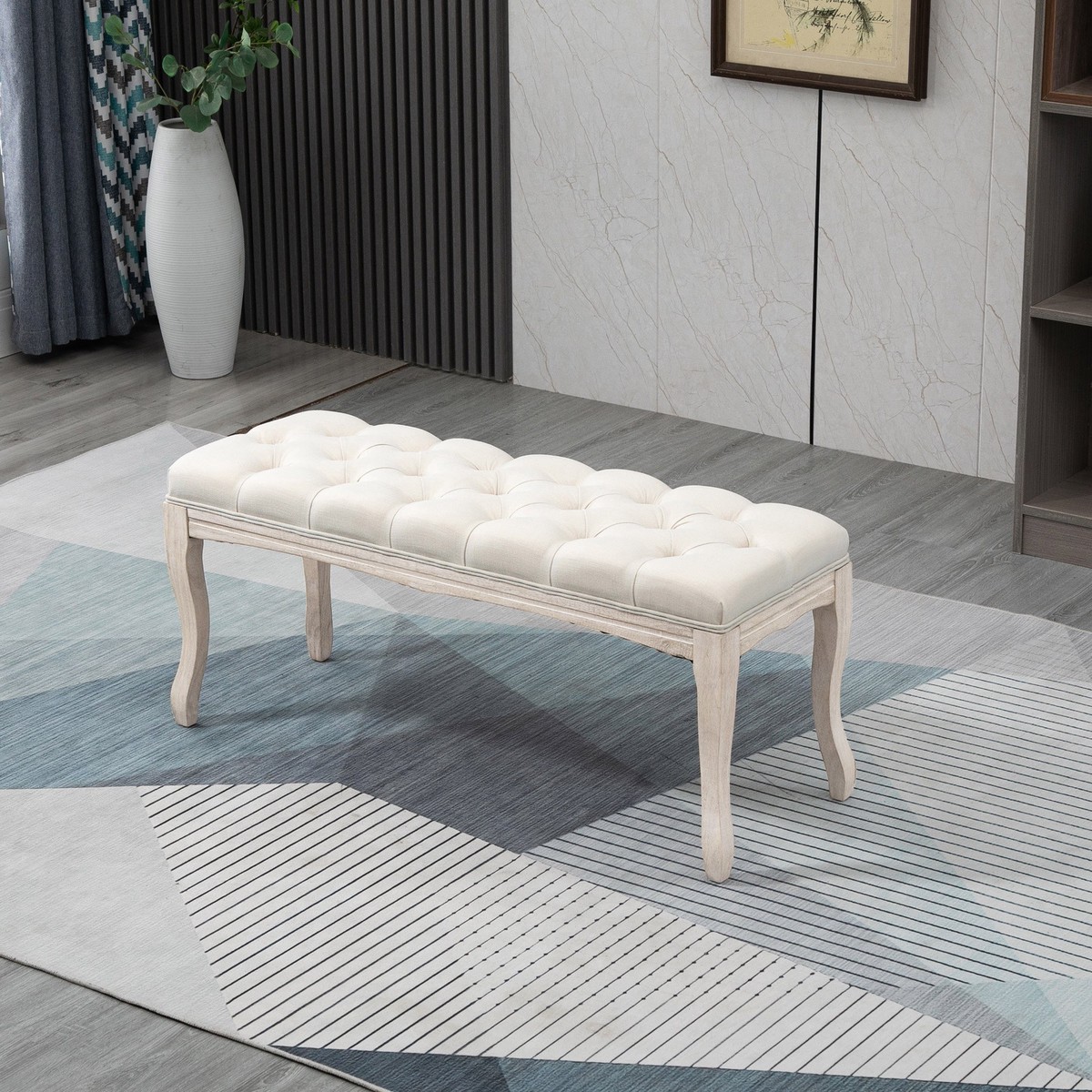 Upholstered bench vintage bed bench for bedroom & living room, rubberwood with linen cover, beige