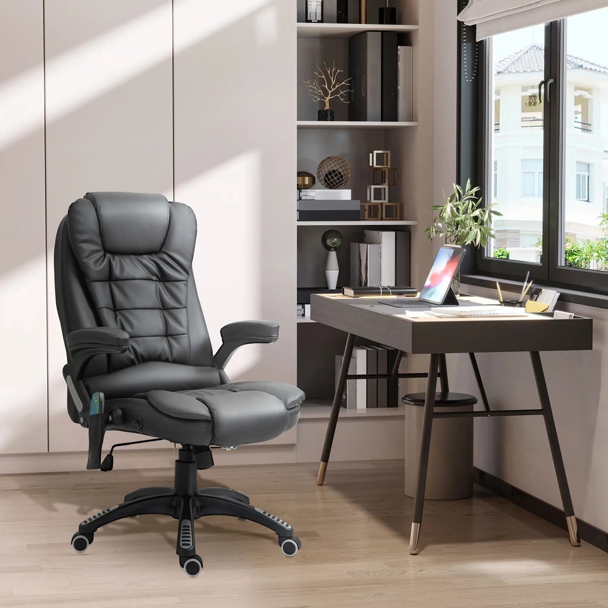 6-Point Massage Office Chair, Heated High Back Executive Desk Chair with Adjustable Height and 360 Swivel, Black PU Leather