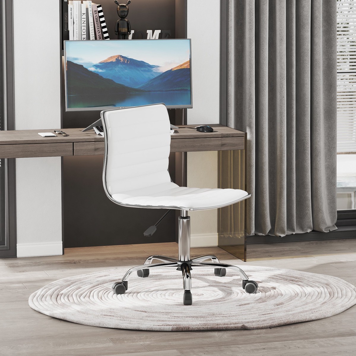 Adjustable Swivel Office Chair Armless Mid-Back Chrome Base PU Leather - White
