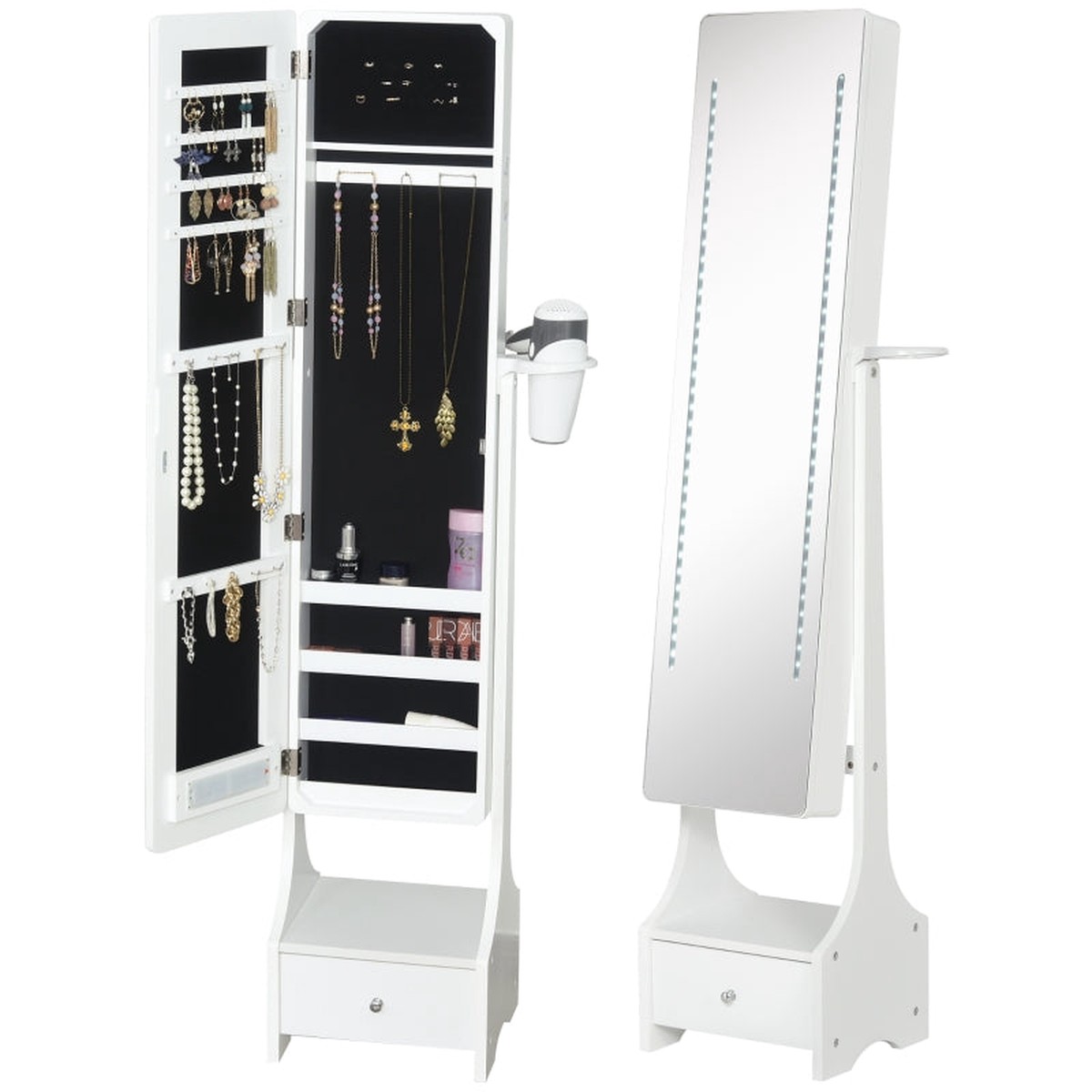 Jewellery Cabinet, Full Length Storage Mirror with LED Lights and Hooks, White