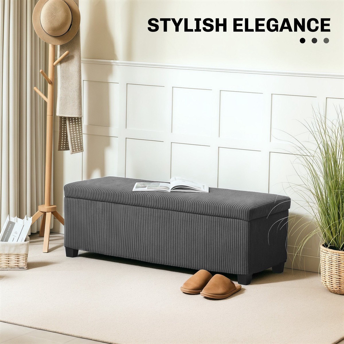 Storage Ottoman Bench 112cm Removable Lid Corduroy Grey