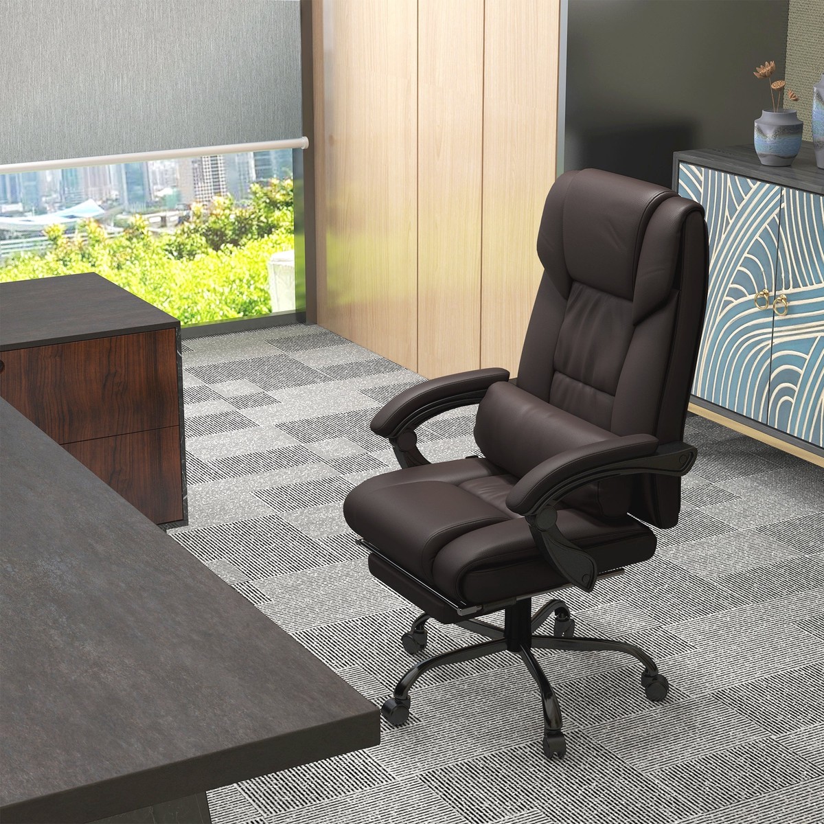 6-Point Massage Office Chair, Adjustable Height Footrest Desk Chair, Brown PU Leather