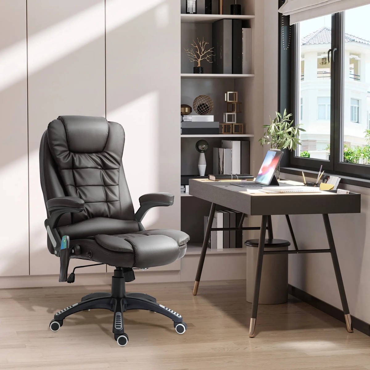 6-Point Massage Office Chair, Heated High Back Executive Desk Chair, PU Leather Brown
