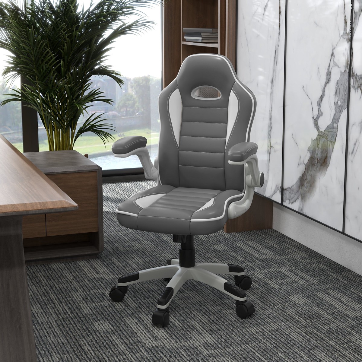 Computer Gaming Chair Adjustable Height Rolling Wheels 90 Flip-up Armrest PU Leather Grey