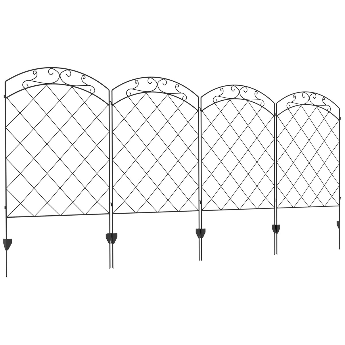 Picket Fence Panels, Decorative Swirls Outdoor Set of 4, Steel Black