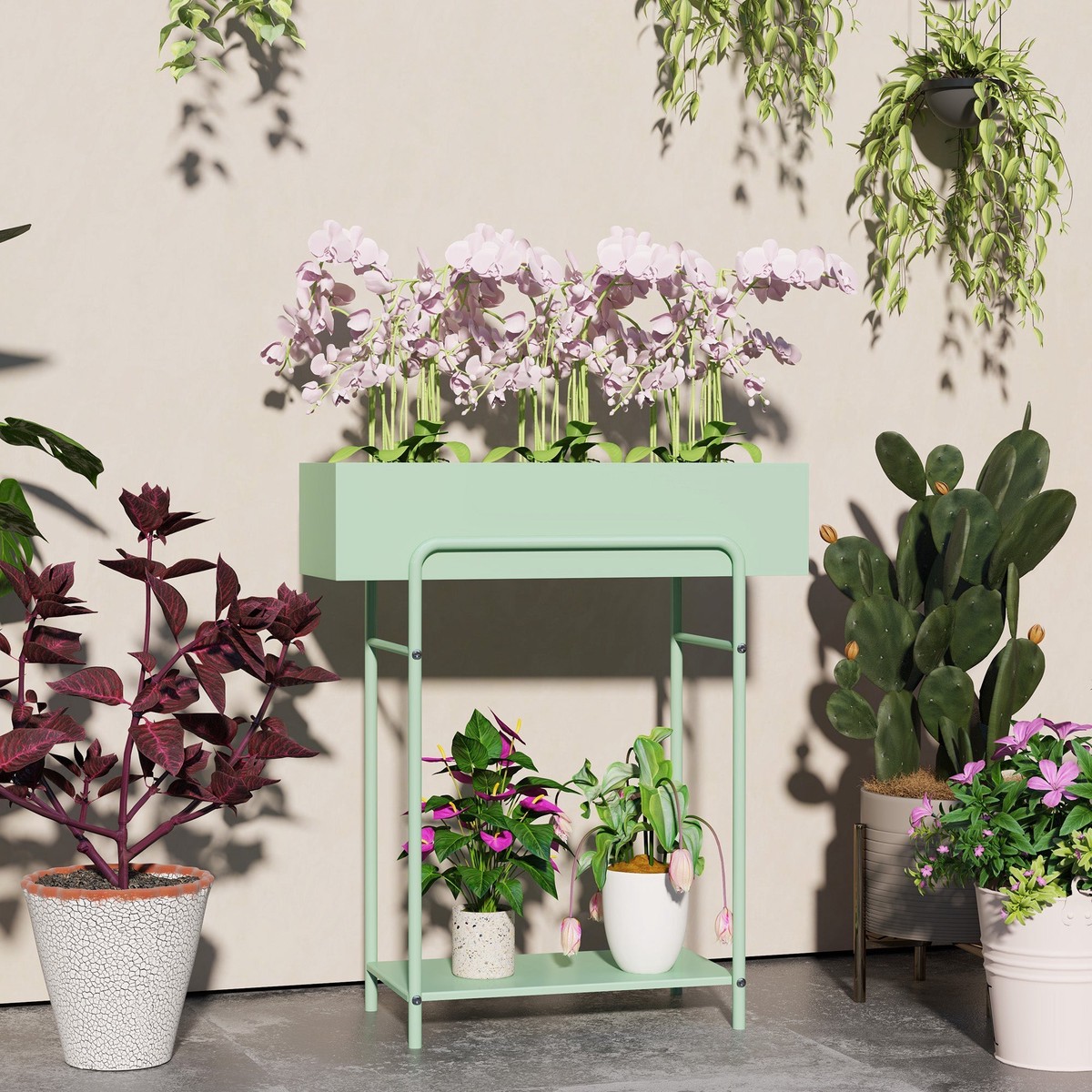2 Tier Plant Stand with Drain Holes, Floor-standing, Indoor Outdoor Metal, Green